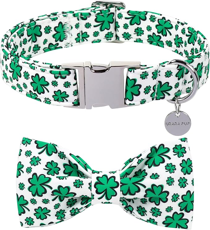 St. Patrick's Day Dog Collar with Bow Tie, Spring Shamrock Bowtie Collar for Girl Boy Dog, Lucky Clover Dog Collar with Metal Buckle, Green Collar for Dogs, S