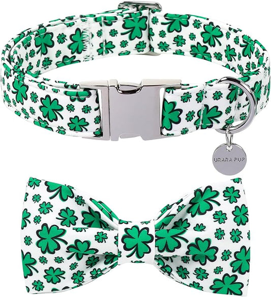 St. Patrick's Day Dog Collar with Bow Tie, Spring Shamrock Bowtie Collar for Girl Boy Dog, Lucky Clover Dog Collar with Metal Buckle, Green Collar for Dogs, M