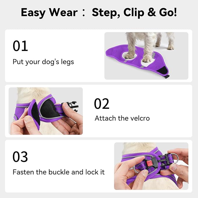 Joytale Small Dog Harness, Breathable Mesh Step-in Vest, Reflective Soft Padded Harnesses for Small and Medium Dogs, Purple, L