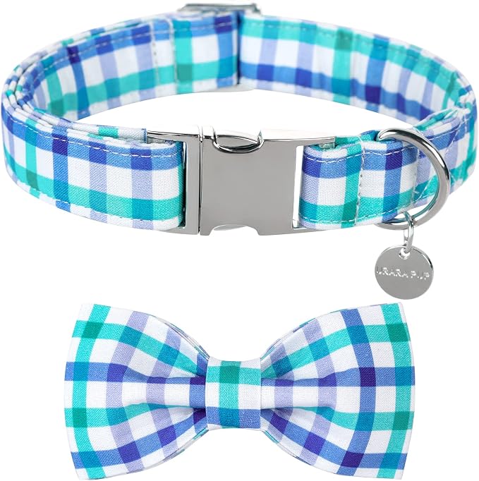 Dog Collar Bow Tie, Comfortable Durable Cotton Bowtie Collar for Girl Boy Dog or Cat, Adorable Puppy Collar with Metal Buckle, Blue Grid Gift Collar, XS