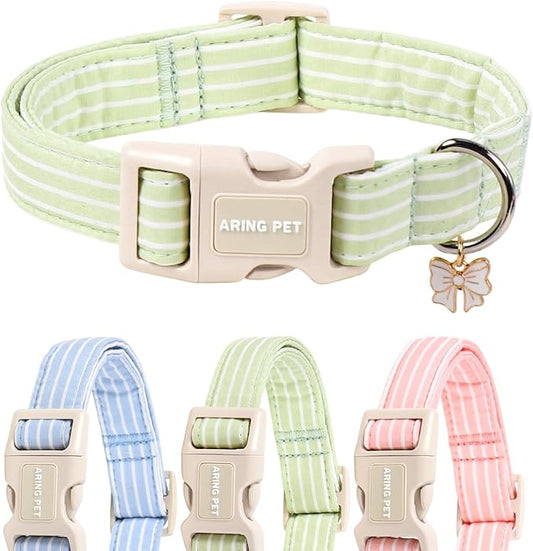 ARING PET Stripe Dog Collar, Cute Spring Summer Green Stripe Pet Collars with Bow Charm for Puppy Small Medium Large Boy Girl Dogs-L, for Daily Outdoor Walking Training