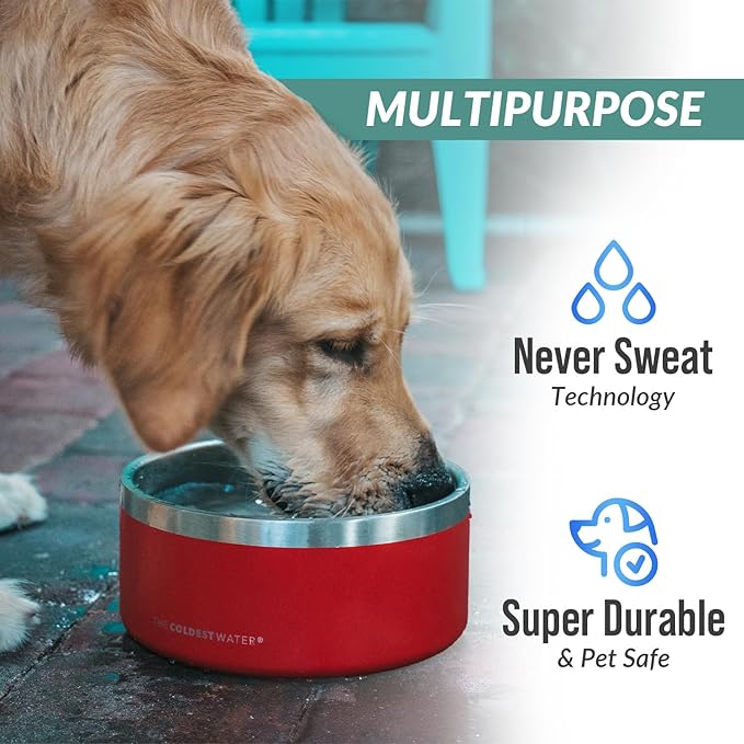 Coldest Dog Bowl - Anti Rust Metal, Non Slip, 3 Layers Insulated Stainless Steel Dog Bowls - Spill Proof & Heavy Duty - Water Bowl for Dogs, Cats & Pets, Dish Washer Safe (200 oz, Candy Red Glitter)