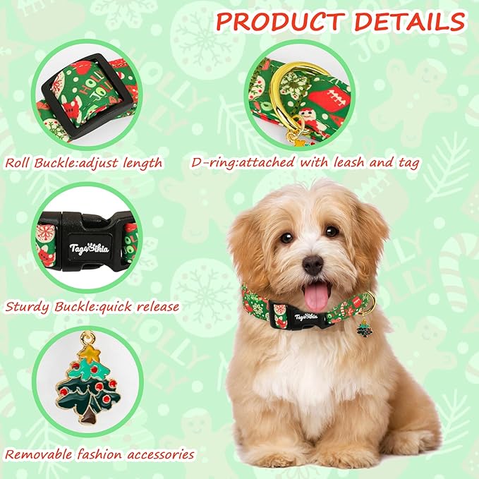 Christmas Dog Collar for Small Dogs, Adjustable Green Small Dog Collars with Gingerbread Man Pattern, Cute Dog Christmas Collar for Dogs, Winter Holiday Dog Collar for Girl Boy Dog-S