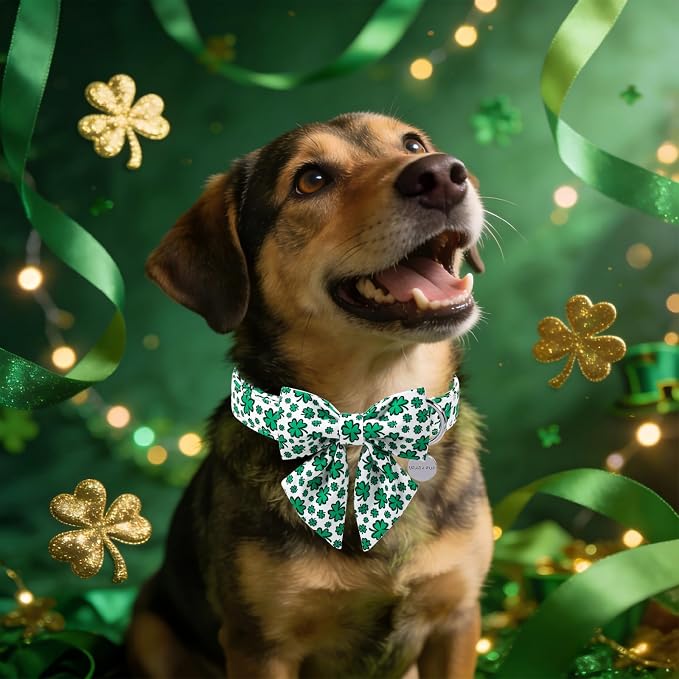 St. Patrick's Day Dog Collar with Bow Tie, Lucky Shamrock Bowtie Collar Adjustable for Girl Boy Dog, Trefoil Dog Collar Durable, Spring Green Collar for Dogs, M