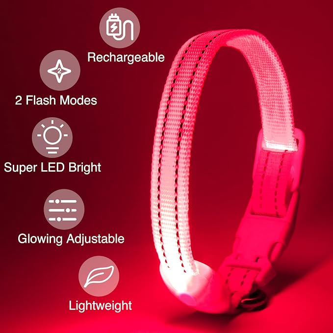 Light Up Dog Collar, Rechargeable USB Collar, Waterproof, Luminous LED Collar, Adjustable, Super Bright, Night Walking for Small Medium Large Dogs, Pink, S
