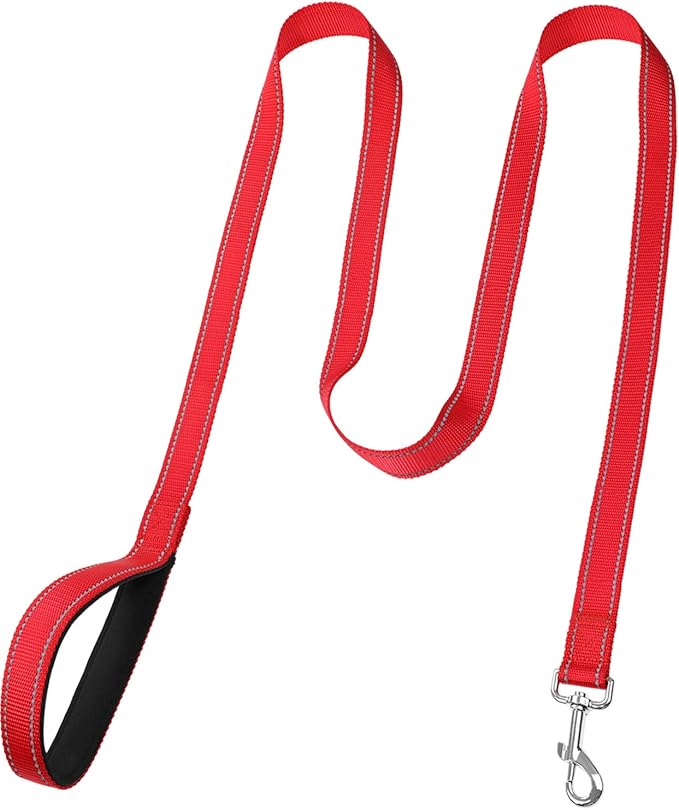 FunTags 6FT Red Reflective Dog Leash for Medium & Small Dogs Walking, Soft Padded Handle Comfortable Grip, Heavy Duty Nylon, Reflective for Night Walking, 3/4in Wide