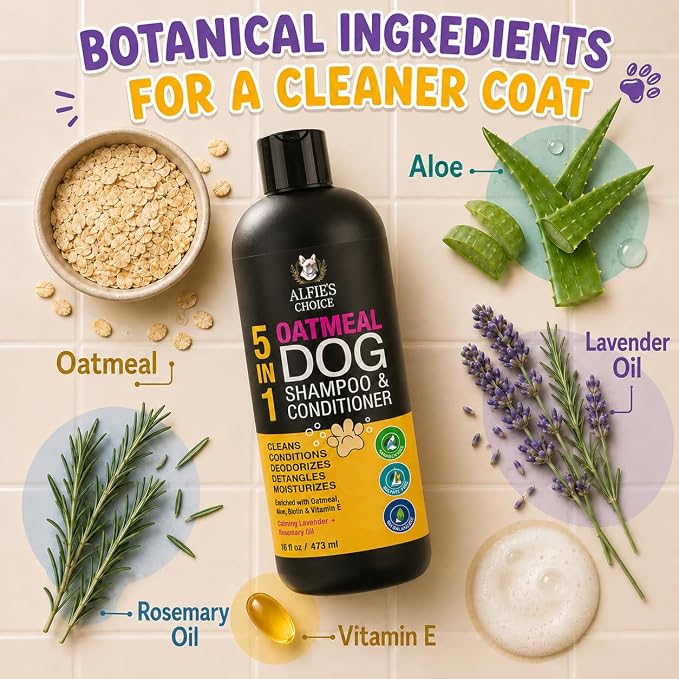 Oatmeal Dog Shampoo and Conditioner for Itchy Skin Relief | Puppy Shampoo for Sensitive Skin 5-in-1 | Cleans, Deodorizes & Detangles | Dog Wash for All Breeds | 16 fl oz | ALFIE'S CHOICE