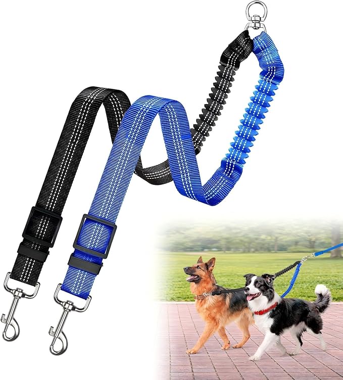 Double Dog Leash for Two Dogs, Professional No Tangle 360° Swivel Coupler with Shock Absorbing Bungee, Adjustable Length Dual-Sided Reflective Two Dogs Lead Splitter for Small Medium Large Dog