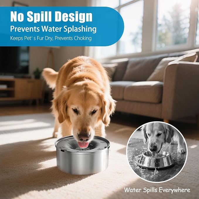SCHITEC Dog Water Bowl No Spill 101oz / 3L Slow Drinking Anti-Splash Stainless Steel Dog Bowl with Floating Disk, Spill Proof Pet Travel Water Dispenser for Sloppy Messy Drinkers(Gray)