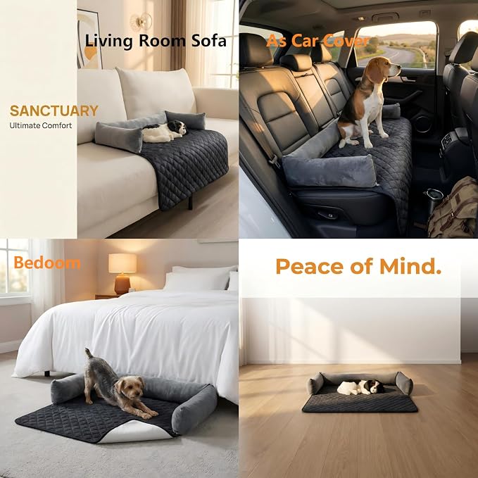 Calming Dog Bed for Couch, Non-Slip Durable Suede Dog Sofa Mat,Removable Washable Couch Dog Bed for Furniture Protector, Perfect for Small, Medium Dogs and Cats (Black and Gray, 36 x 47 inch)