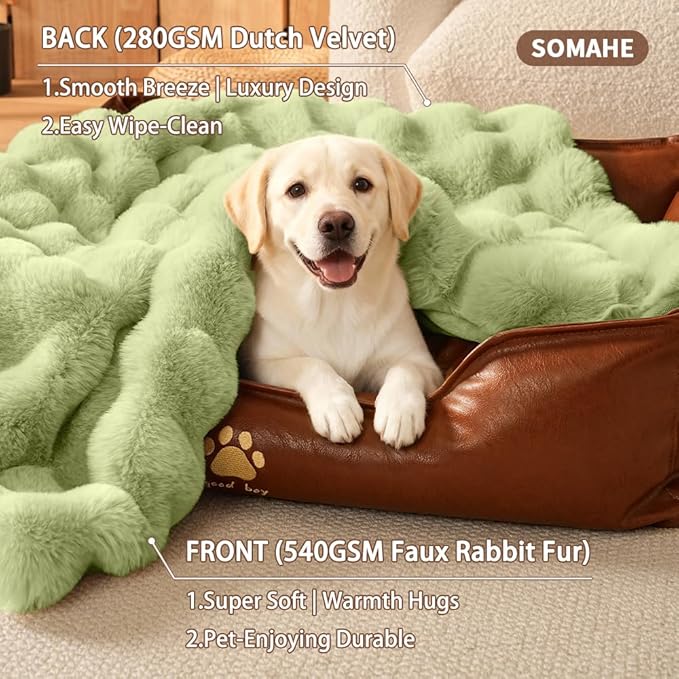 SOMAHE Dog Blanket, Reversible Sherpa & Bubble Fleece Pet Throw, Ultra-Soft Plush for Medium Dogs, Machine Washable, Anti-Static, Warm & Cozy, 39"×31" Inch Green