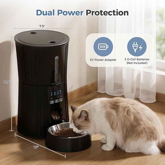 DUMOS Automatic Cat Feeder, 4L WiFi Timed Cat Food Dispenser with APP Control, 10s Voice Recorder, Dual Power Supply, Indoor Programmable Pet Feeder with Desiccant for Small Cats and Dogs, Black