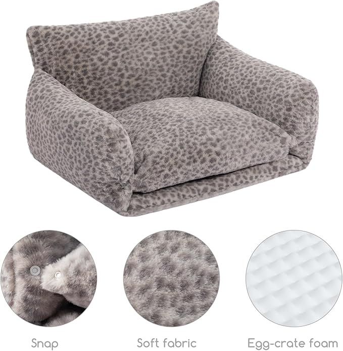 Hollypet Cat Bed Fluffy Plush Multifunctional Double-Layer Machine Washable Soft Warming Kitty Pet Couch Orthopedic Nest Beds for Small Cats Kitten and Dogs up to 13lbs, Snow Leopard(25x20x13 inch)