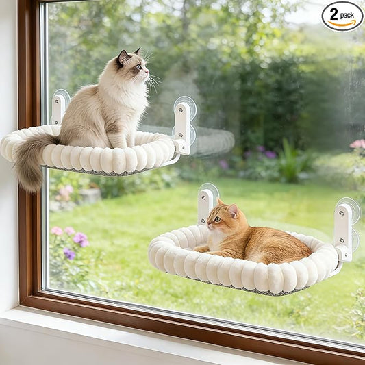 Zoratoo 2PC Cat Window Perch with Bolster Foldable Cat Hammock Cushion Bed for Window with Metal Frame, Cloud-Cuddle Cordless Window Resting Seat for Indoor Cats (Cushion Bed, White-M)