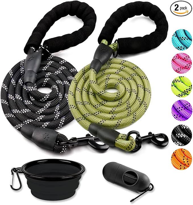 COOYOO 2 Pack Dog Leash 6 FT Heavy Duty - Comfortable Padded Handle - Reflective Dog Leash for Medium Large Dogs with Collapsible Pet Bowl