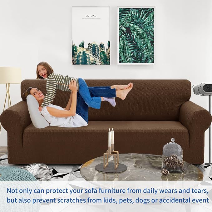 ZNSAYOTX 1 Piece Jacquard Chair Slipcovers for Living Room High Stretch Chair Covers with Arms Anti Slip Pets Friendly Couch Sofa Armchair Cover Furniture Protector (Small, New Pattern Coffee)