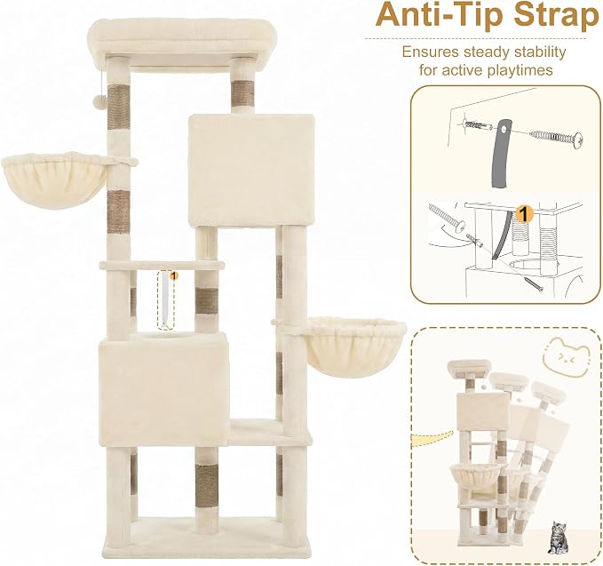 Heybly 68.1" Cat Tree with Oversized Top Platform & Wide Base, Heavy Duty Cat Tower for Large Indoor Cats with 2 Condos, 2 Hammocks, 10 Sisal Scratching Posts, Stable Cat House, Beige HCT059MJ