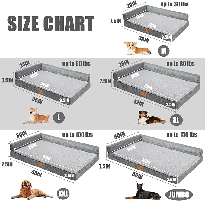 Patas Lague Orthopedic Jumbo Dog Bed for Extra Large Dogs 56''X40'', Waterproof L Bolster Jumbo Pet Sofa Beds with Removable Washable Cover, Soft Pet Couch Crate Mat with Nonskid Bottom, Grey