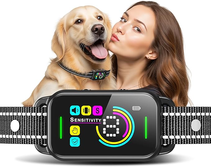DINJOO Bark Collar for Large Medium Small Dogs - Smart AI 1S Stop Barking, Anti Barking Device & Dog Training Collar with Beep, Vibration & 8-Level Sensitivity, IP67 Waterproof - Pitch Black