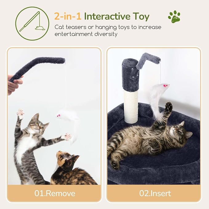 Globlazer 74in Cat Tree for Indoor Cats Large Adult, Heavy Duty Cat Tower with 5 Sisal Scratching Posts, 2 Caves, Oversized Top Perch, Hanging Basket, F74B, Dark Grey