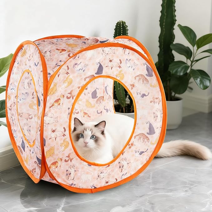 Andiker Cat Tent, 3 Holes Safe and Strong Cute Cats Tunnel Collapsible Easy to Carry Cat House for Indoor Cats Kittens Hiding Playing Training Sleeping (Square Orange)