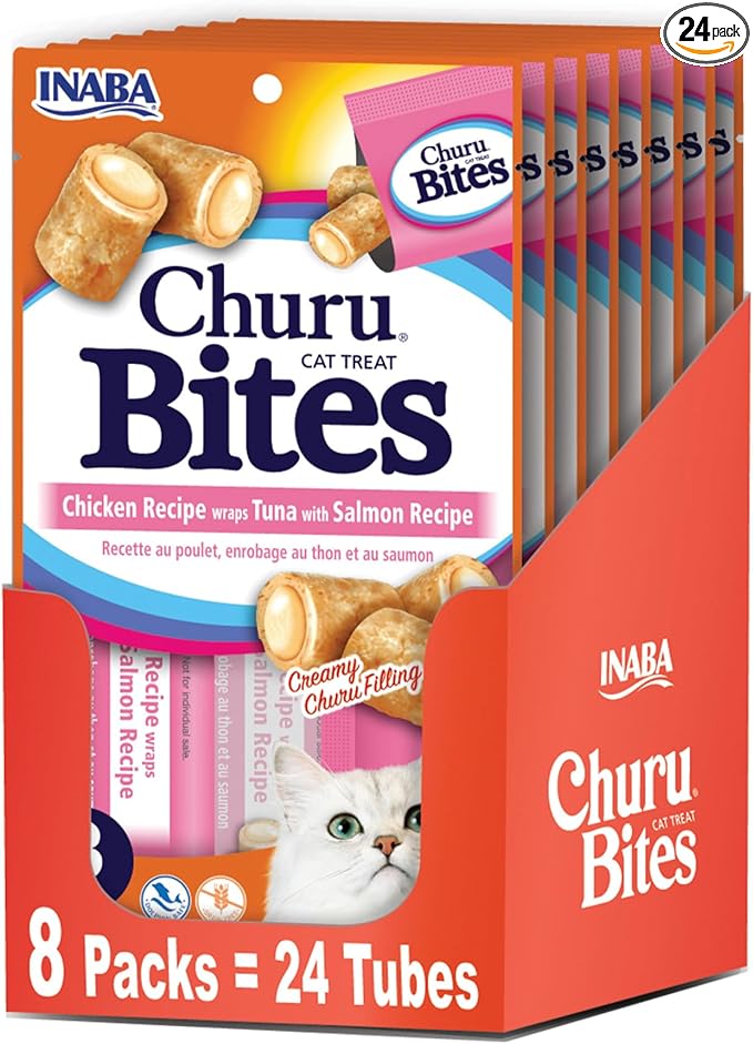 INABA Churu Bites for Cats, Soft/Chewy Baked Chicken Wrapped Churu Filled Cat Treats with Vitamin E, 0.35 Ounces per Tube, 24 Tubes Total (3 Tubes per Pack), Tuna with Salmon Recipe