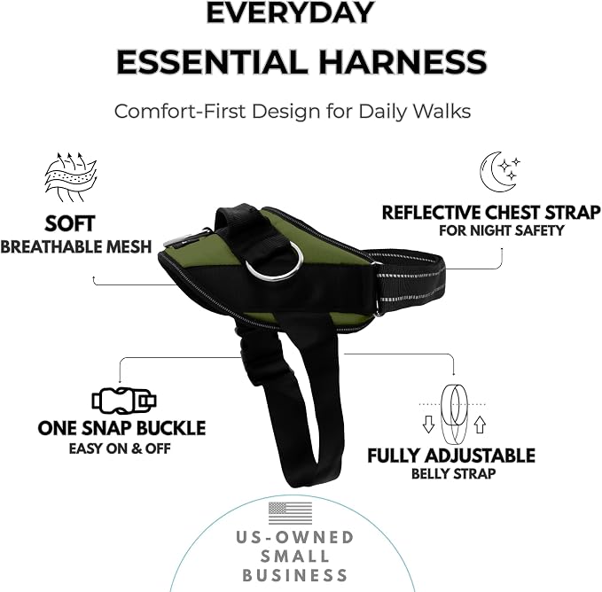 ShawnCo Essential Dog Harness, No-Pull Pet Vest with 3 Leash Clips, No Choke, Reflective, Adjustable and Padded, for Easy Walking and Training for Small, Medium and Large Dogs (Olive Green, XL)
