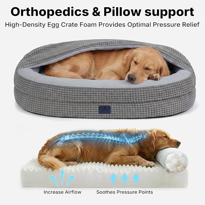 Veehoo 2 in 1 Dog Bed with Cover Cave, Large Dog Beds Indoor with Hooded Blanket, 42 inch Cozy Dogs Cave Bed with Removable Washable Cover for Large Size Dogs Up to 90 lbs