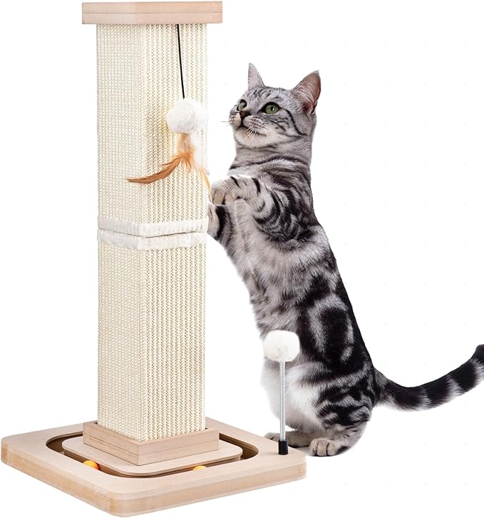 LIFLIX 27" Cat Scratching Post, Sisal Cat Scratcher with Interactive Track Balls and Hanging Balls, Vertical Scratching Posts for Indoor Cats and Kittens