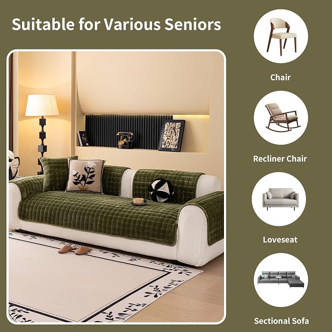 Velvet Couch Cover, Washable Sectional Sofa Cover, Anti Slip Sofa Slipcover for 3 Cushion Couch Sofa L Shaped Armrest Backrest, Furniture Protector Covers for Pets Kids(1PC,Green,36"×71")