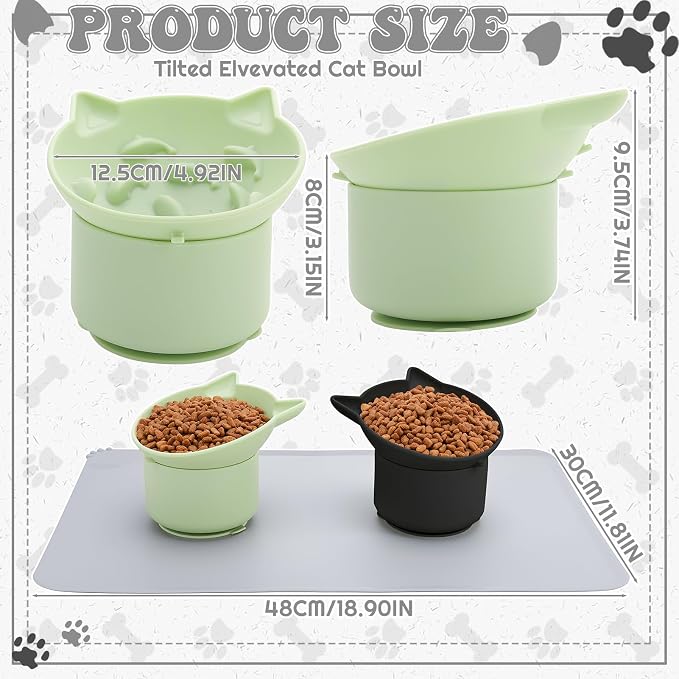 2 Pack Slow Feeder Cat Bowls, Silicone Tilted Raised Pet Bowl with Non Slip Base for Digestion Anti Vomit, Black, Green