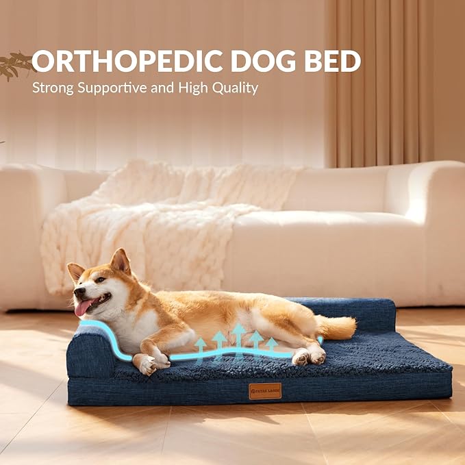 Patas Lague Orthopedic XL Dog Bed Large Sized Dog 48''X30'', Waterproof L Bolster Big Large Pet Sofa Beds with Removable Washable Cover, Soft Pet Couch Crate Mat with Nonskid Bottom, Navy Blue