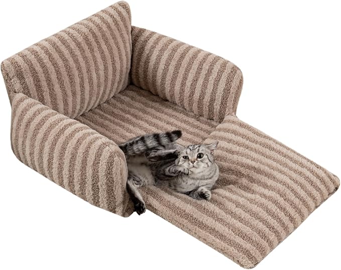 Hollypet Cat Bed Fluffy Plush Multifunctional Double-Layer Machine Washable Soft Warming Kitty Pet Couch Orthopedic Nest Beds for Small Cats Kitten and Dogs up to 13lbs, Khaki(25x20x13 inch)
