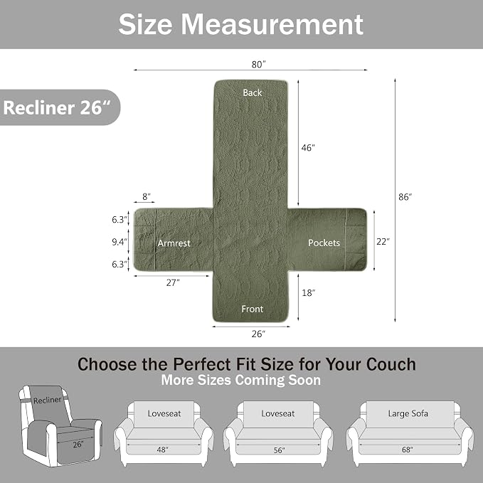 Green Recliner TV Chair Covers, Quilted Décor Water-Repellent Medium Lazy Boy Chair Covers, Pet Friendly Recliner Slipovers for Dogs Cats, Washable Recliner Cover (Recliner 26", Olive Green)
