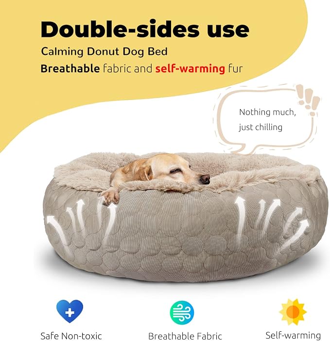 HACHIKITTY Dog Donut Round Calming Bed, Fluffy Dog Bed for Medium Large Dogs, Cooling Warming Soft Dog Cushion Bed, Double Sided Available Dog Bed with Warm & Cool Sides(24"x24"x7", Taupe)