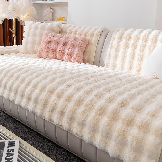 Faux Fur Couch Cover, Soft Warm Plush Sofa Couch Cover, Non Slip Sectional Sofa Slipcovers, Washable Furniture Protector for Kids, Dogs, L Shaped Armrest Backrest Cover(White, 28"x 28")