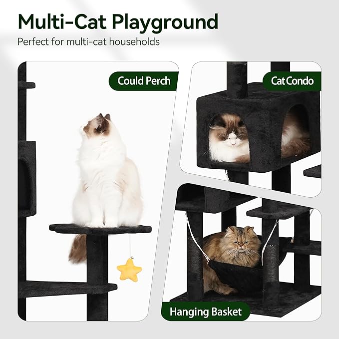 Meecal 79inch Giant Cat Tree for Heavy Duty Big Cats, Multi-Level Luxury Cat Tower with Scratching Post, Cat Condo with Hammocks & Plush Perches for Indoor Cats Large Adult, Black