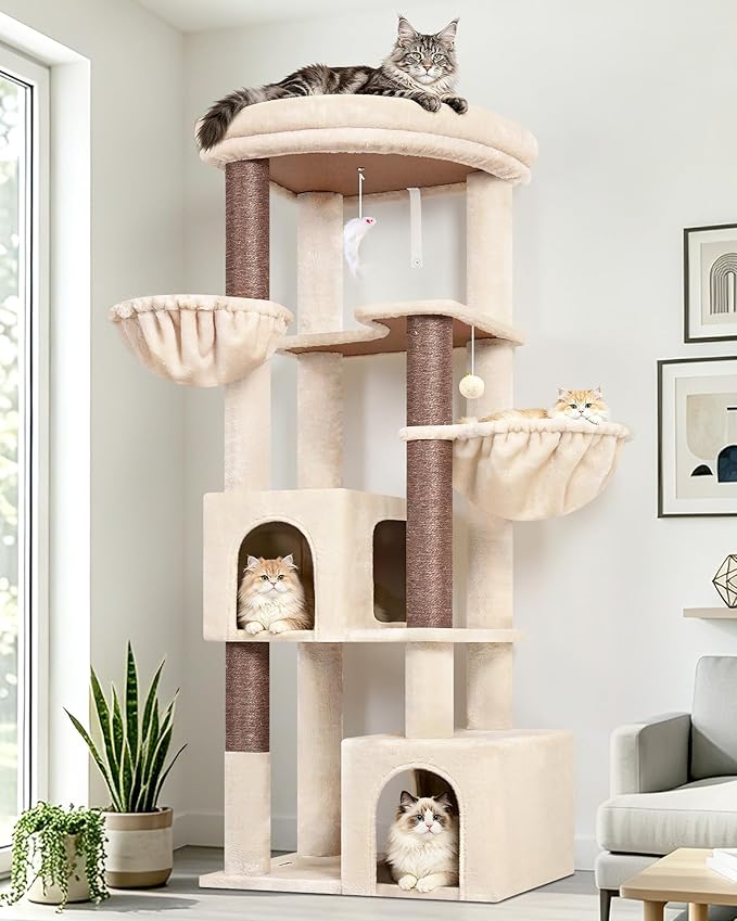 Globlazer 64in Corner Cat Tree for Large Indoor Cats, Space Saving Multi-Level Cat Tower with 2 Condos, 2 Hammocks, 4 Sisal Scratching Posts, C64, Beige