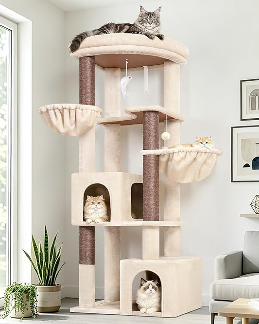 Globlazer 64in Corner Cat Tree for Large Indoor Cats, Space Saving Multi-Level Cat Tower with 2 Condos, 2 Hammocks, 4 Sisal Scratching Posts, C64, Beige