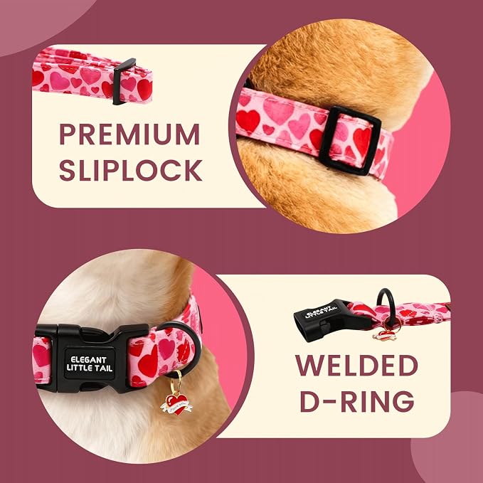 Elegant little tail Valentine's Dog Collar - Red Heart Dog Collars Cotton Puppy Adjustable Pet Collars with Sturdy Quick Release Buckle for Large Dogs
