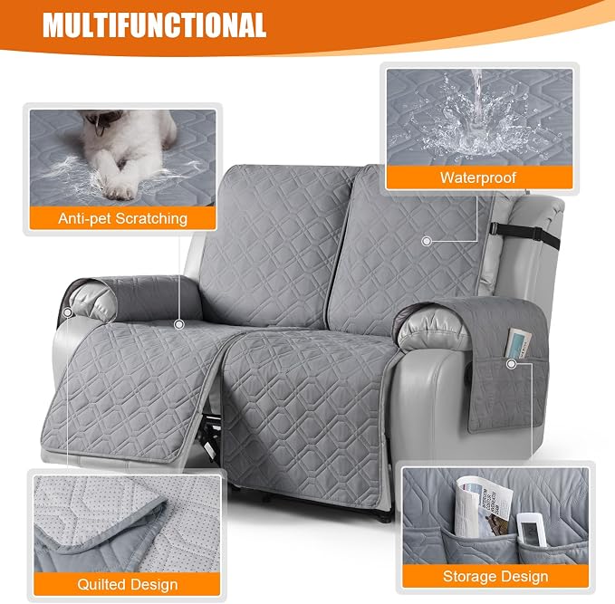 VANSOFY Waterproof Recliner Couch Covers, Sofa Covers 1-Piece Washable Reclining Sofa Cover Non-Slip Furniture Protector with Elastic Straps Pocket for Dogs, Pets(Light Gray,2 Seater)