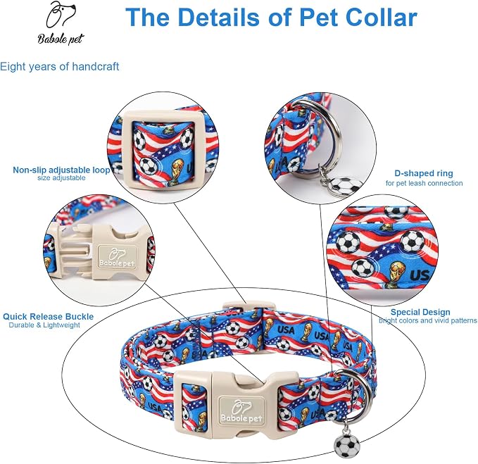 American Soccer Dog Collar Blue Patriotic Dog Collars for Small Dogs - Lightweight Adjustable 4th of July Puppy Collars Summer Stars & Stripes Male Female Dogs Collar S