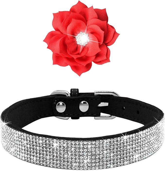 Rhinestone Dog Collar, Cute Dazzling Sparkling Soft Suede Leather Dog Cat Rhinestone Collar Crystal Diamond Pet Dog Puppy Collar (Hot Pink5, XXS), XX-Small