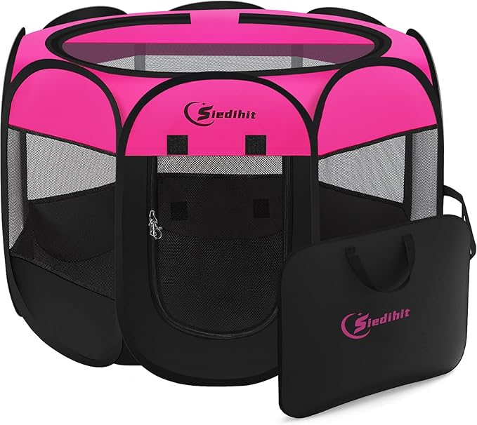 Siedihit Dog Playpen, Puppy Pet Playpens Indoor for Small Dogs Tent Crates Cage Indoor/Outdoor, Portable Pop Up Dog Kennel Playpen with Carrying Case for Dogs/Cats/Rabbits, Hot Pink