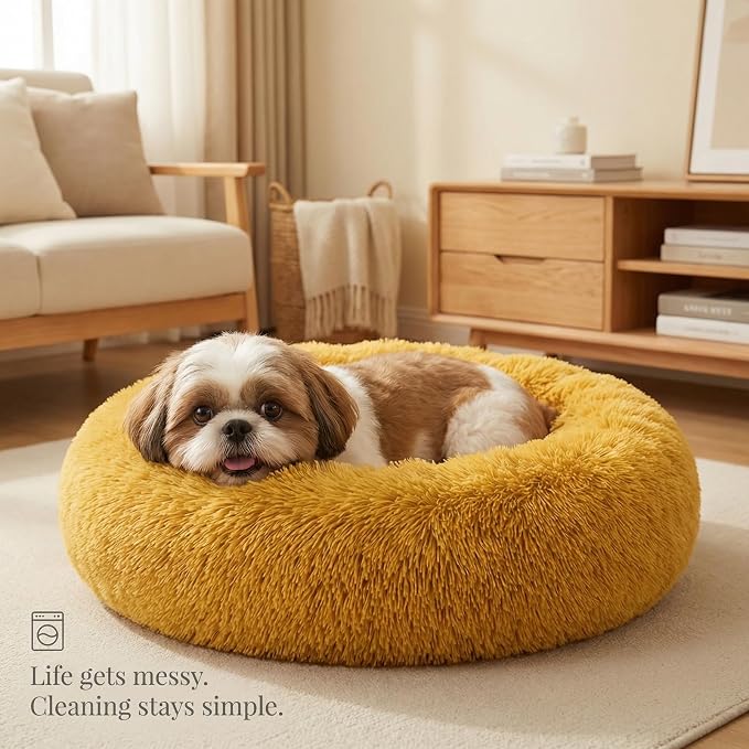 Calming Donut Dogs Beds for Small Dogs Washable,23inch Plush Round Pet Bed for Cozy Sleep,Fluffy Faux Fur Large Cat Bed,Fits up to 25 lbs Pets,Orange