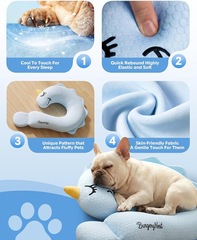 BurgeonNest Cooling Small Dog Pillow for Puppies and Cats, Summer Chill Pet Calming Pillow with Cool-Touch Fabric, Soft Sleep Bolster for Senior Dogs & Kittens, Machine Washable (Cool Blue, Medium)