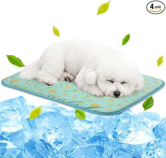 NWK Pack of 4 Pet Cooling Mat -Q-Max>0.345 Ice Silk Cooling Mat for Dogs & Cats Portable & Washable Pet Cooling Blanket, Car Seats, Beds for Summer (4pcs, Green Fruit, 27'' X 20'' X 0.3'')