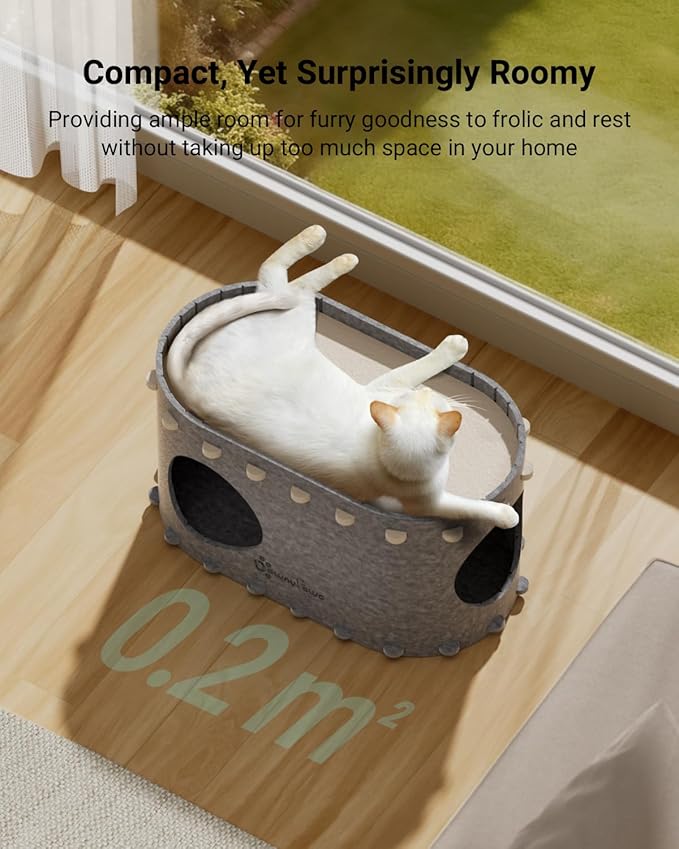 DownyPaws Cat House for Indoor Cats, Cat Bed Cave for Multiple & Large Cats Up to 22 Lbs, Scratch Resistant, Foldable Peekaboo Kitten Caves Tunnel Enclosed Bed, PeekaPurr, Light Gray