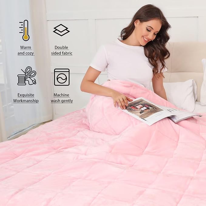 Alomidds Weighted Blanket Queen Size 20lbs 60 x 80 inches,Adult Weighted Blankets with Soft Plush Fleece,Fluffy Thick Warm Sherpa & Cozy Flannel Microfiber Heavy Blanket for Sofa Bed,Pink