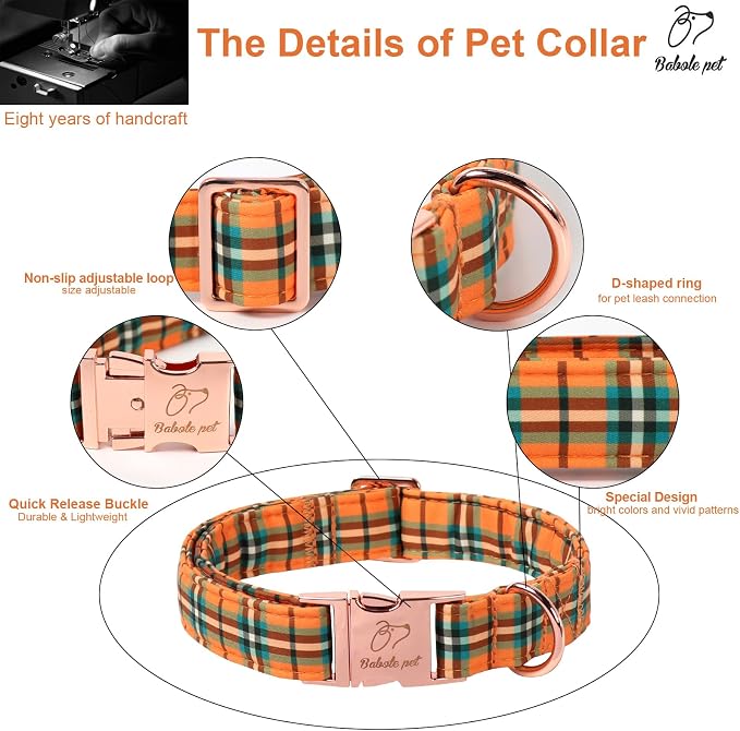 Fall Dog Collar for Medium Dogs - Vintage Orange Green Plaid Tanksgiving Puppy Collar, Adjustable Heavy Duty Halloween Festivel Dog Collars with Metal Buckle M
